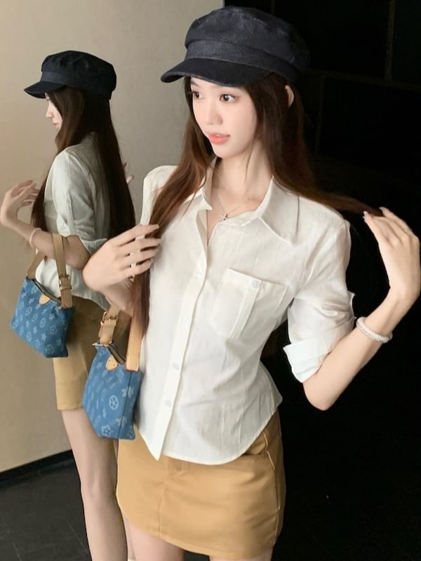 Plain Tie-Waist Buttoned Collared 3/4-Sleeved Blouse