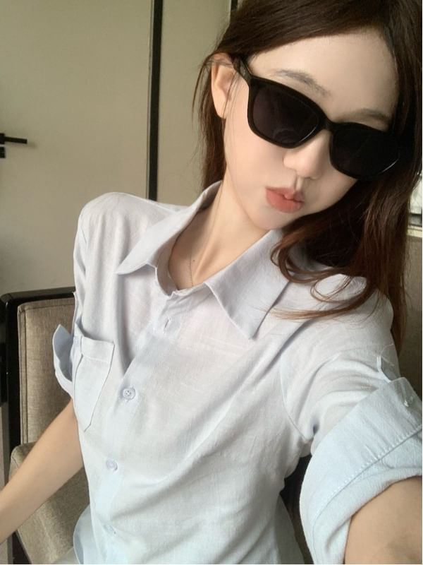 Plain Tie-Waist Buttoned Collared 3/4-Sleeved Blouse