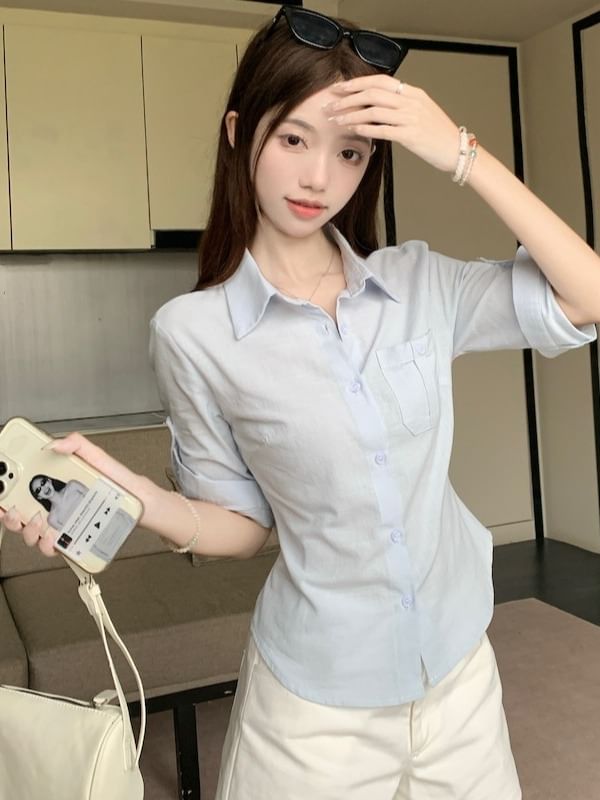Plain Tie-Waist Buttoned Collared 3/4-Sleeved Blouse