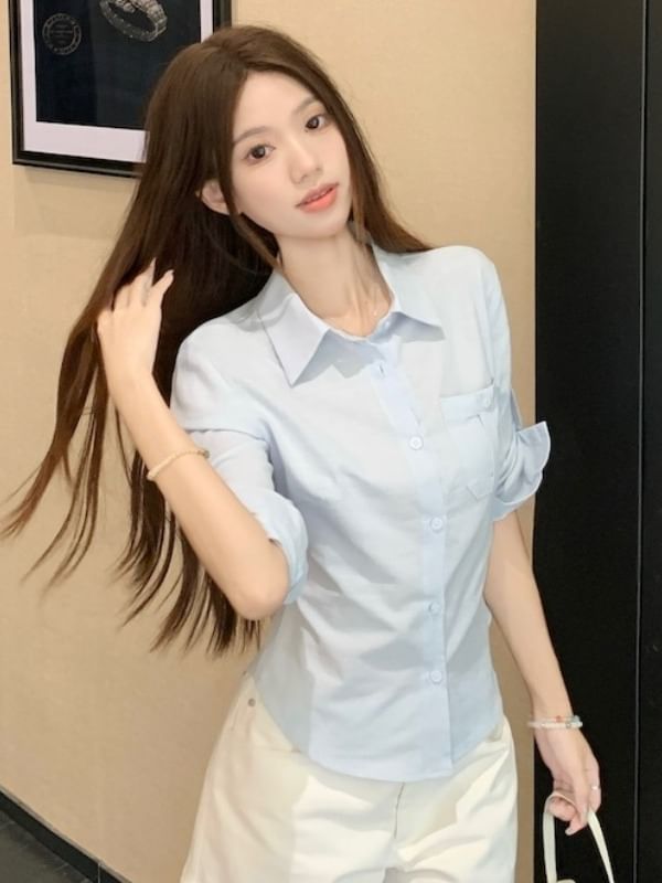 Plain Tie-Waist Buttoned Collared 3/4-Sleeved Blouse