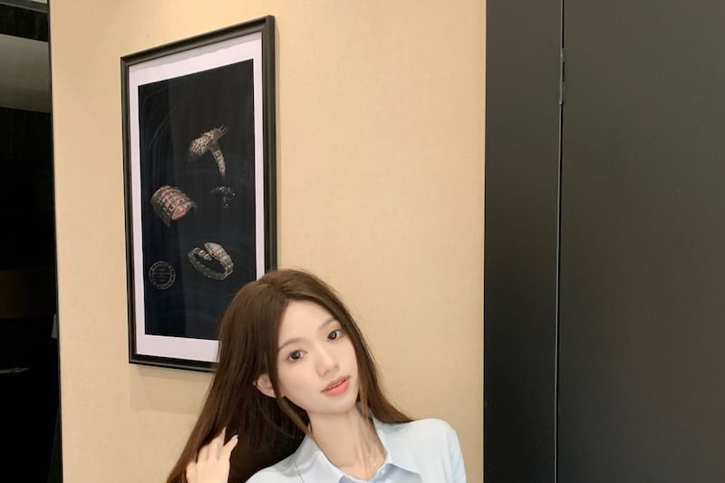 Plain Tie-Waist Buttoned Collared 3/4-Sleeved Blouse