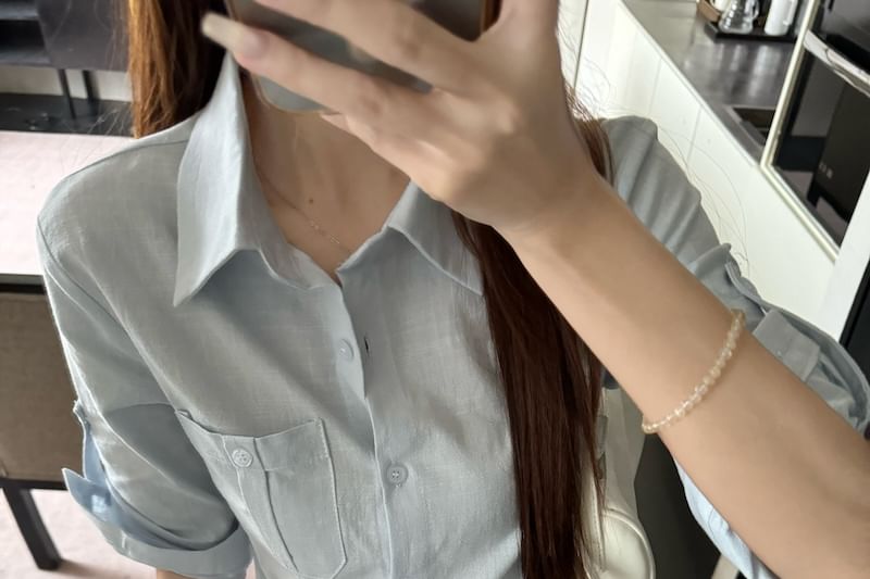 Plain Tie-Waist Buttoned Collared 3/4-Sleeved Blouse