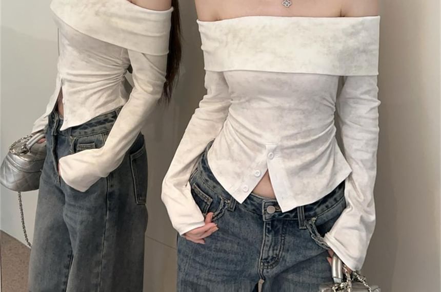 Tie-Dye Ruched Buttoned Off-Shoulder Slit Long-Sleeved Crop Top