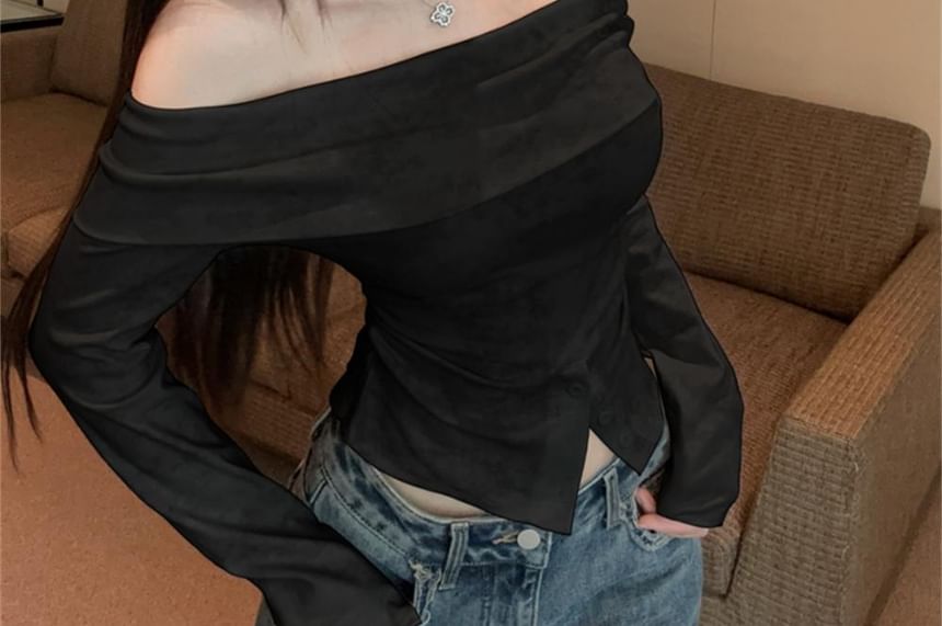 Tie-Dye Ruched Buttoned Off-Shoulder Slit Long-Sleeved Crop Top