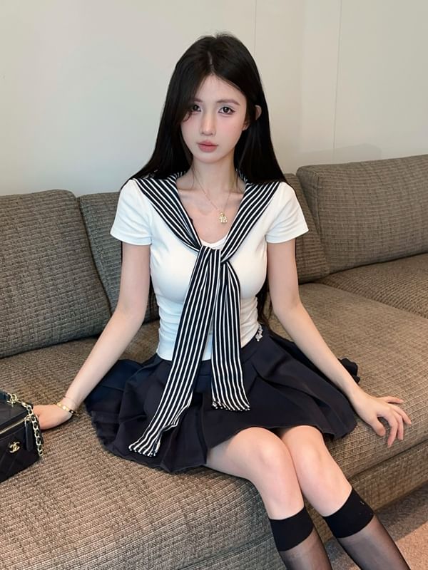 Striped Sailor-Collar Cropped Tee & Pleated Mini Skirt Set