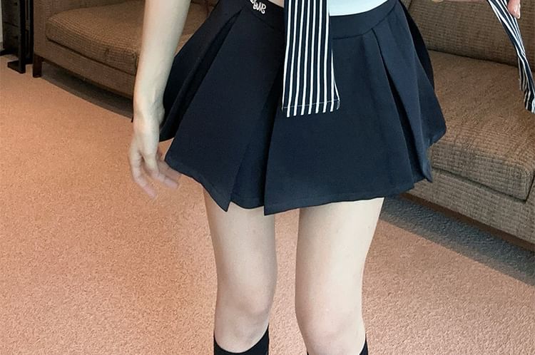 Striped Sailor-Collar Cropped Tee & Pleated Mini Skirt Set