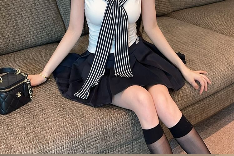 Striped Sailor-Collar Cropped Tee & Pleated Mini Skirt Set