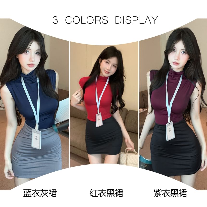 Plain Turtleneck Slim Cropped Top & Mini Pencil Skirt Set