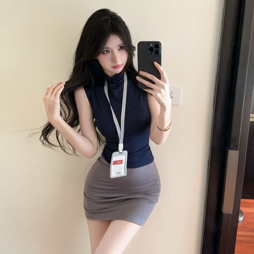Plain Turtleneck Slim Cropped Top & Mini Pencil Skirt Set