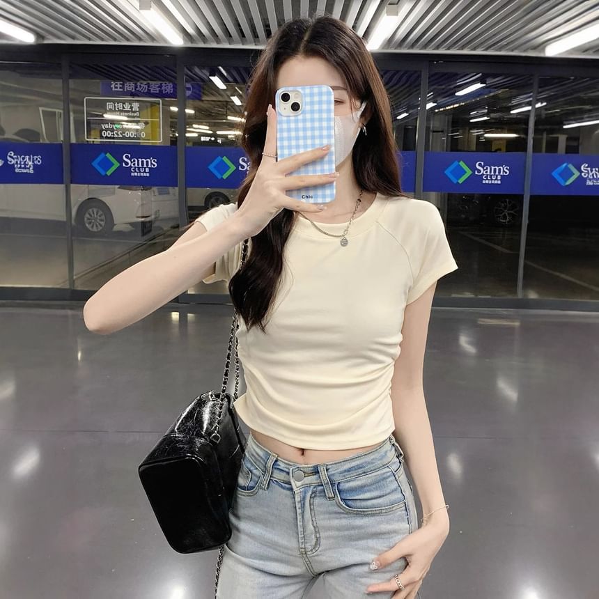 Plain Short-Sleeved Crewneck Gathered T-Shirt