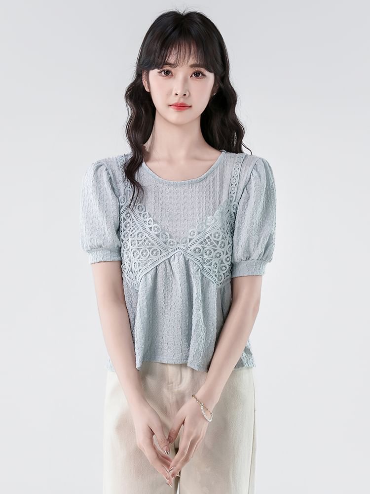 Lace-Paneled Roundneck Elbow-Sleeved Mock Two-Piece Crop Blouse