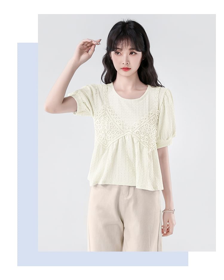 Lace-Paneled Roundneck Elbow-Sleeved Mock Two-Piece Crop Blouse