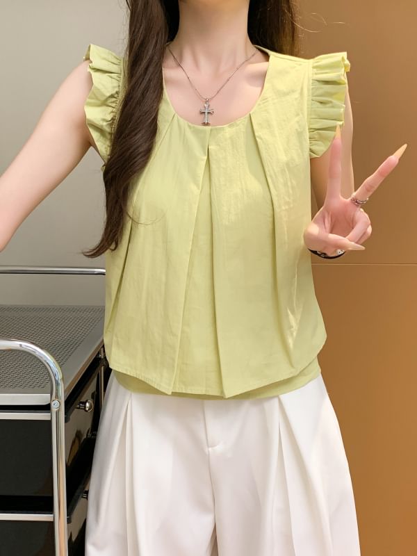 Plain Layered Cap-Sleeved Round-Neck Cropped Blouse