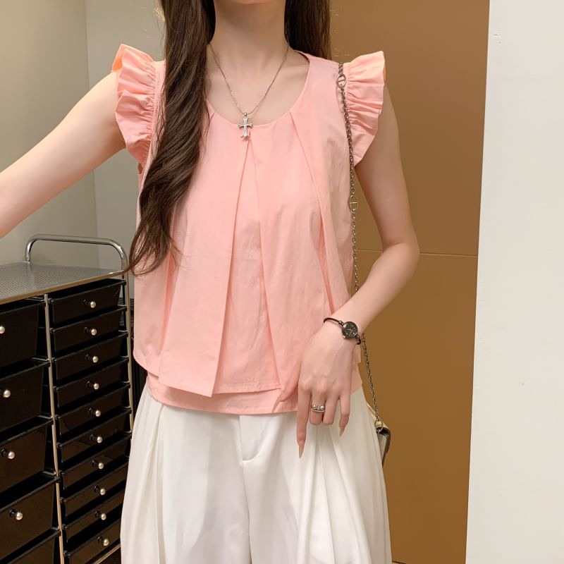 Plain Layered Cap-Sleeved Round-Neck Cropped Blouse