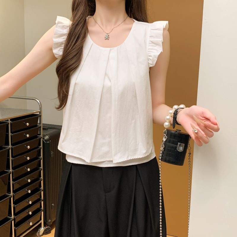 Plain Layered Cap-Sleeved Round-Neck Cropped Blouse