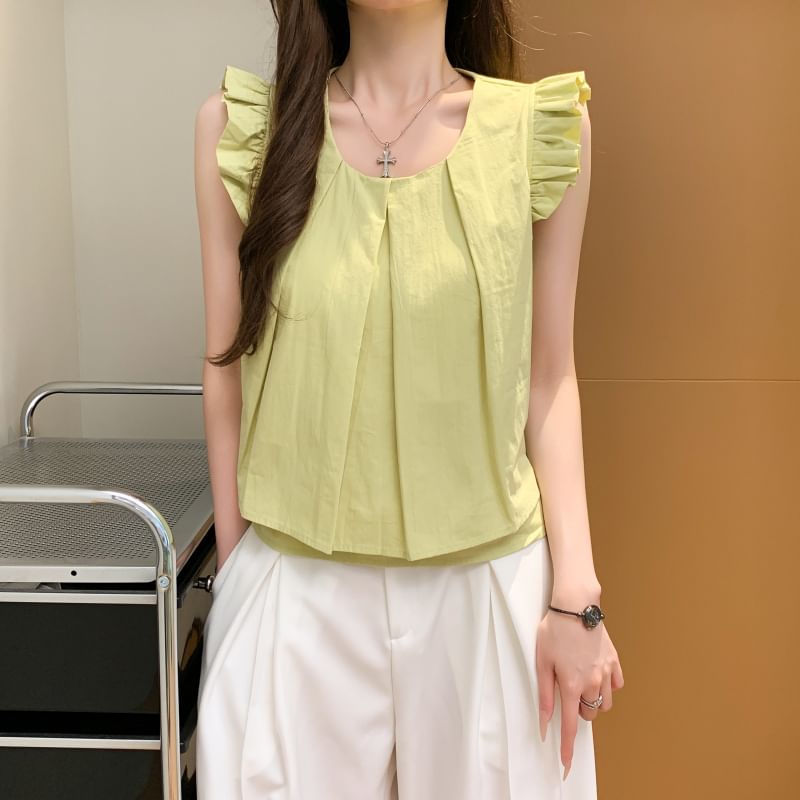 Plain Layered Cap-Sleeved Round-Neck Cropped Blouse