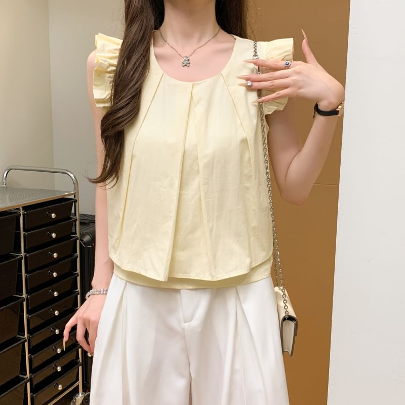 Plain Layered Cap-Sleeved Round-Neck Cropped Blouse