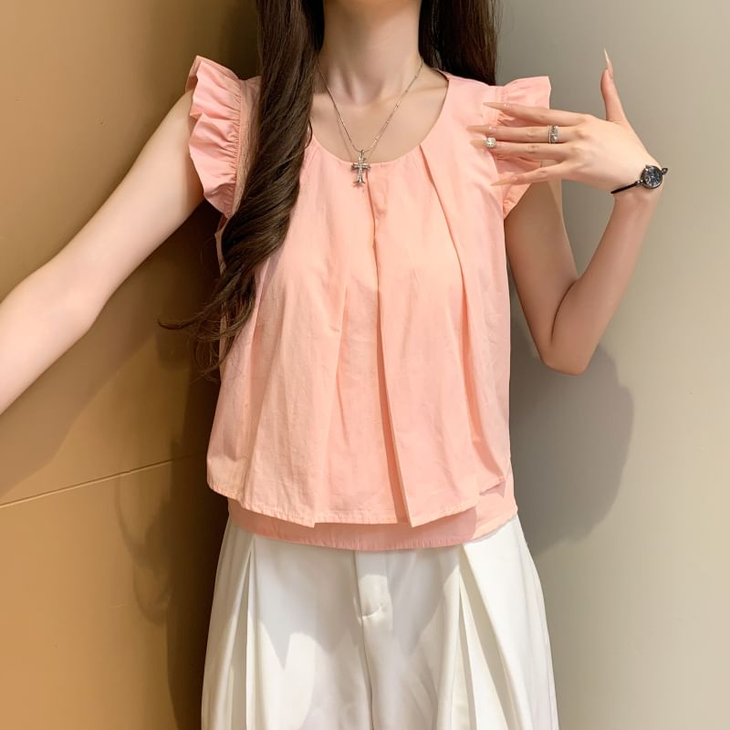 Plain Layered Cap-Sleeved Round-Neck Cropped Blouse
