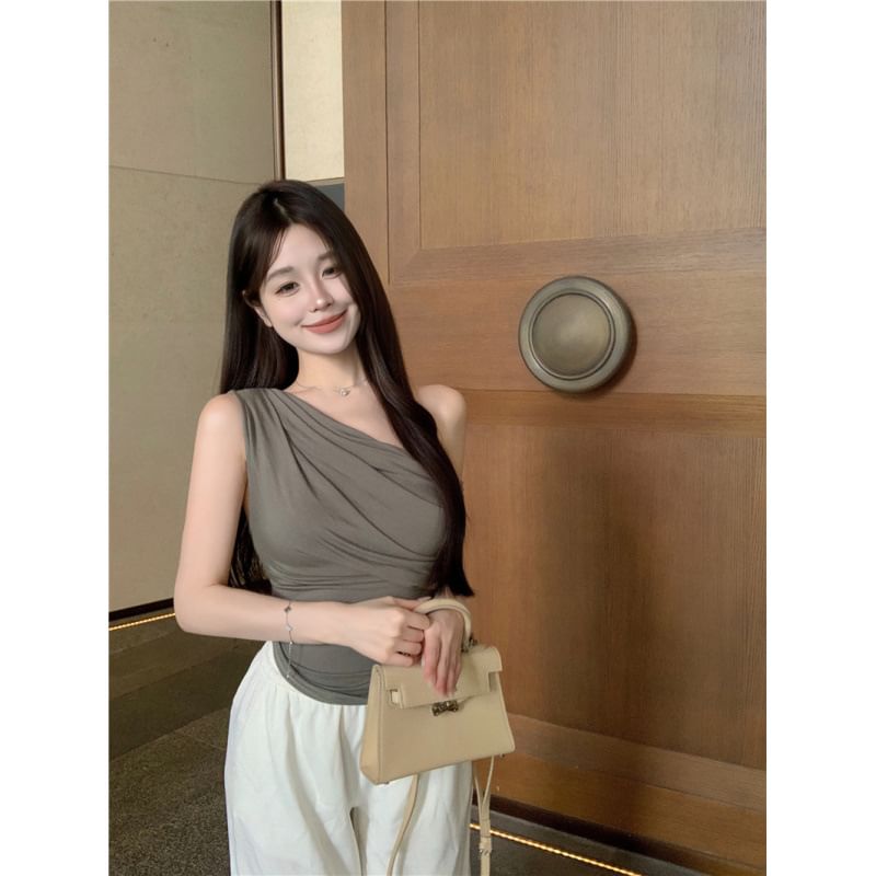 Plain Ruched Cowlneck Sleeveless Top