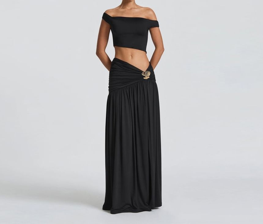 Set: Plain Off-Shoulder Sleeveless Crop Top + Ruched Slit Low-Waist Maxi A-Line Skirt