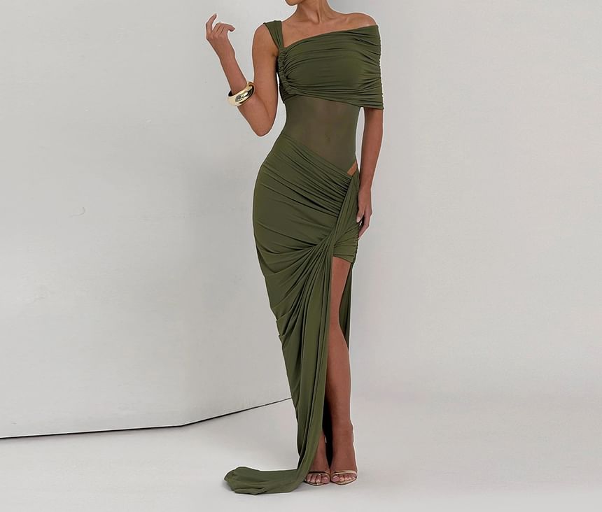 Set: Plain Ruched One-Shoulder Short-Sleeved Bodysuit + Asymmetric Mid-Waist Pencil Skirt