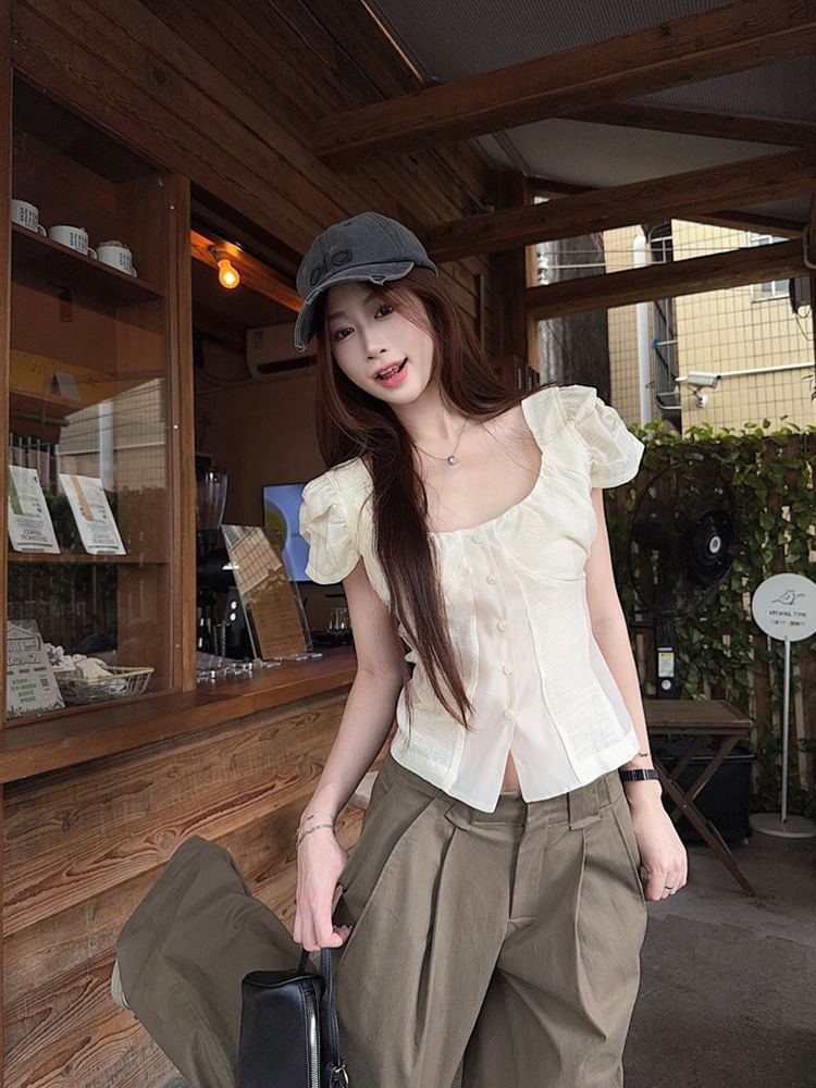 Puff Sleeve Square-Neck Plain Slim-Fit Blouse / Low Rise Baggy Cargo Pants
