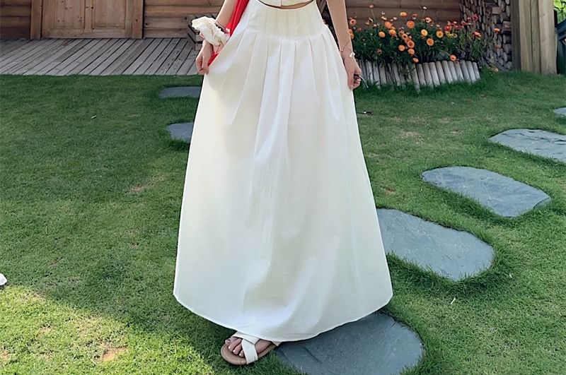 Plain Ruched V-Neck Cropped Cami / High-Waisted Maxi A-Line Skirt