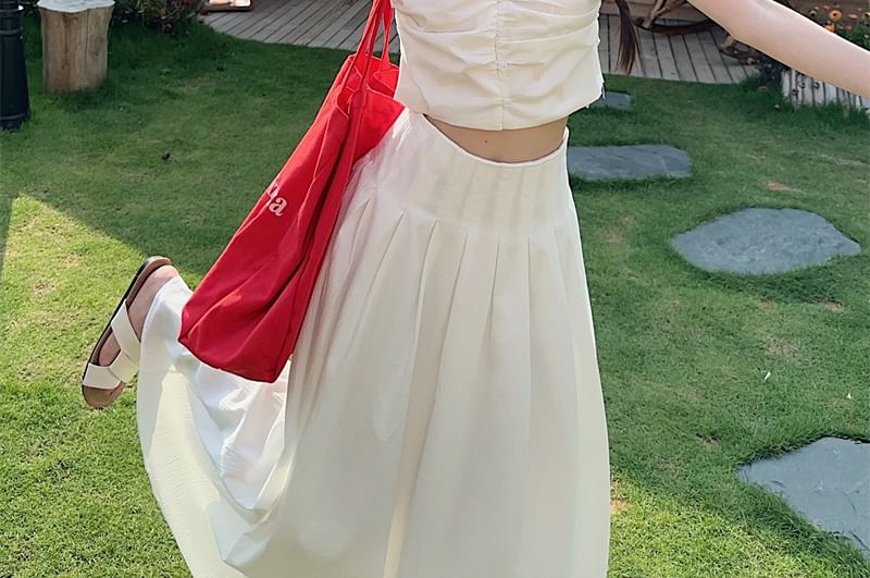 Plain Ruched V-Neck Cropped Cami / High-Waisted Maxi A-Line Skirt