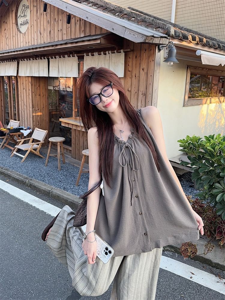 Plain Frill Tie-Front Buttoned V-Neck Sleeveless Top / Striped Wide-Leg Pants