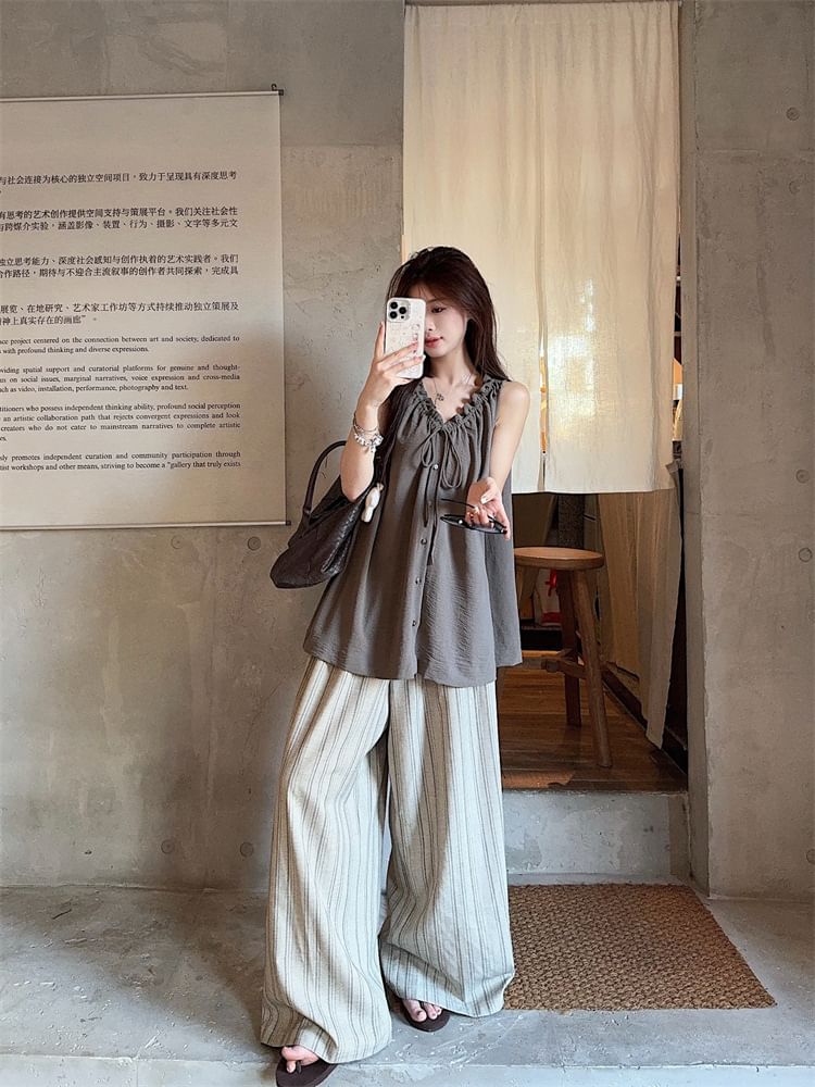 Plain Frill Tie-Front Buttoned V-Neck Sleeveless Top / Striped Wide-Leg Pants
