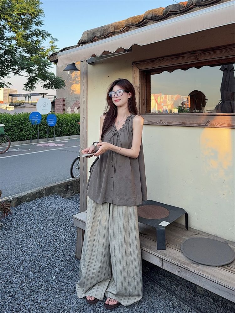 Plain Frill Tie-Front Buttoned V-Neck Sleeveless Top / Striped Wide-Leg Pants