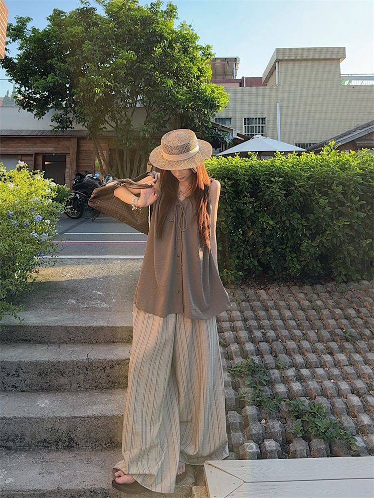 Plain Frill Tie-Front Buttoned V-Neck Sleeveless Top / Striped Wide-Leg Pants