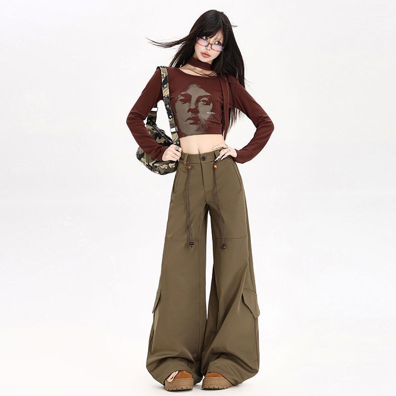 Set: Mid Rise Plain Baggy Cargo Pants + Belt (Various Designs)