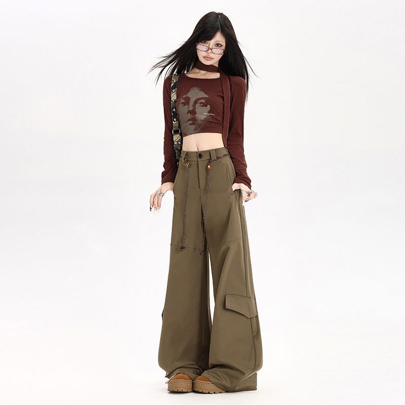 Set: Mid Rise Plain Baggy Cargo Pants + Belt (Various Designs)