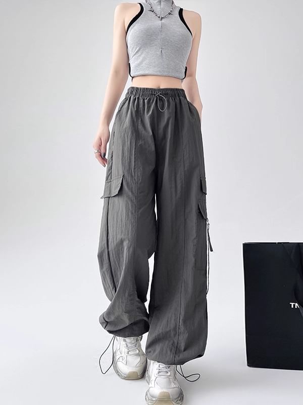 Elastic Waist Plain Baggy Cargo Pants (Various Designs)