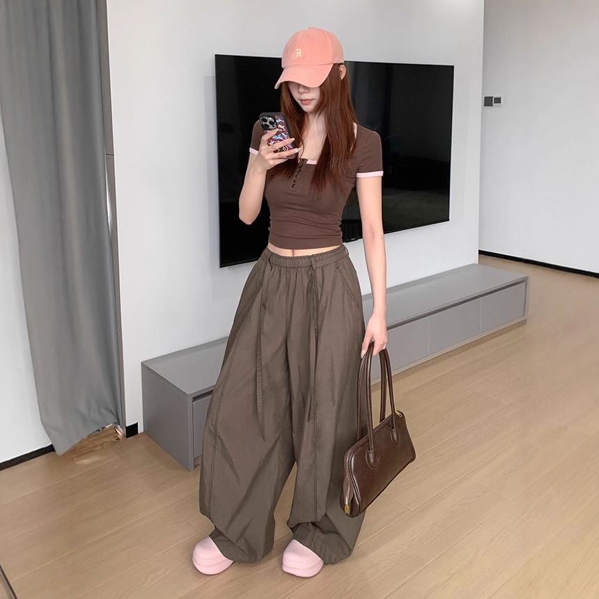 Elastic Waist Plain Baggy Cargo Pants