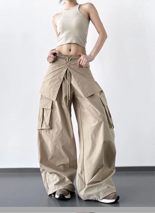 Drawstring Waist Plain Skirt Overlay Baggy Cargo Pants