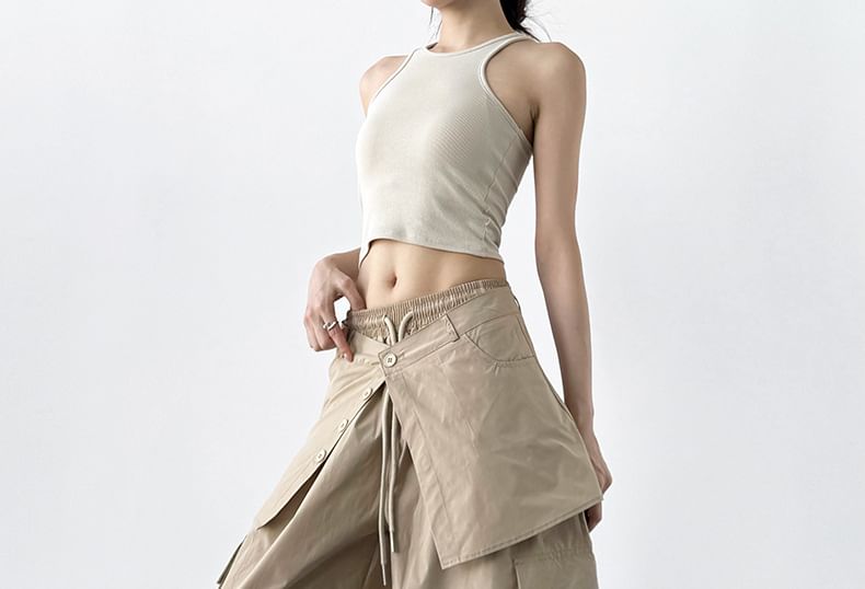Drawstring Waist Plain Skirt Overlay Baggy Cargo Pants