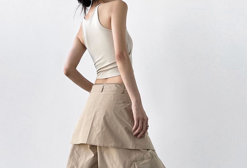Drawstring Waist Plain Skirt Overlay Baggy Cargo Pants