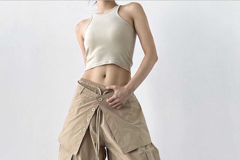 Drawstring Waist Plain Skirt Overlay Baggy Cargo Pants
