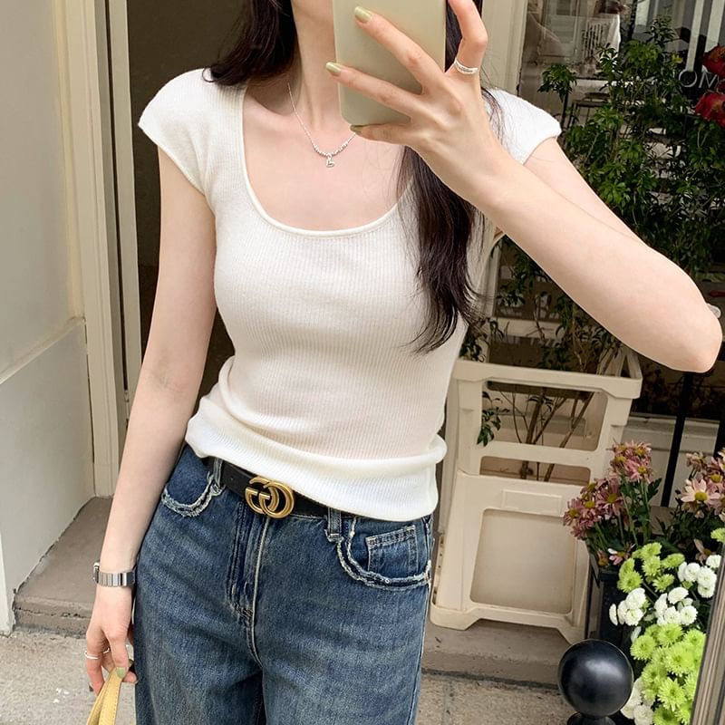 Top Cap-Sleeve Knit Plain Neck Scoop