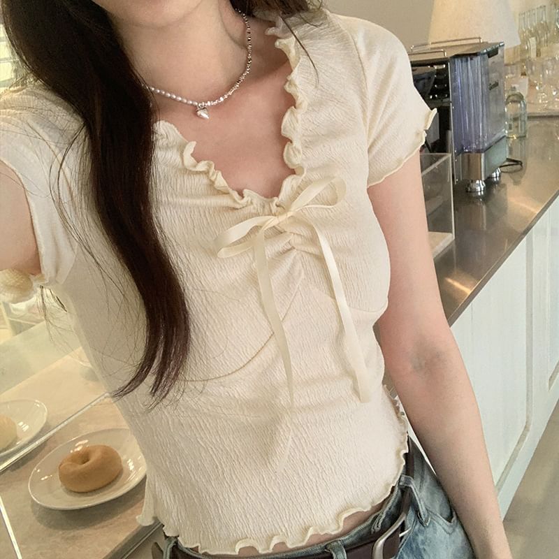 Lace Crop Short-Sleeve Top V-Neck