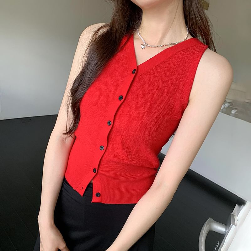 Sleeveless Top Button-Up Plain V-Neck