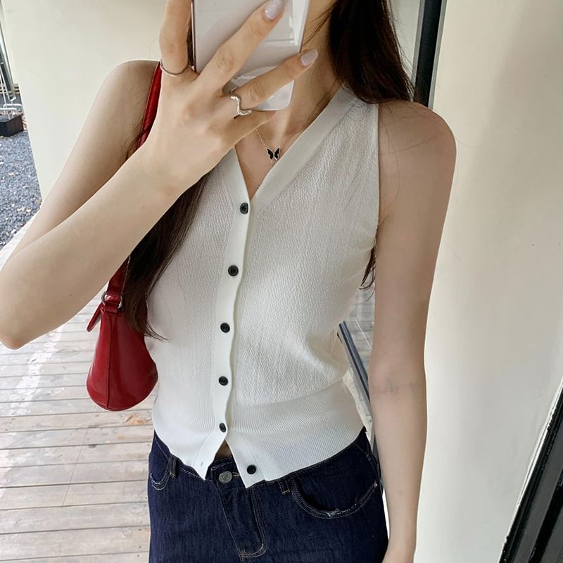 Sleeveless Top Button-Up Plain V-Neck