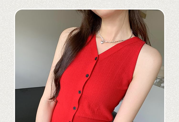 Sleeveless Top Button-Up Plain V-Neck