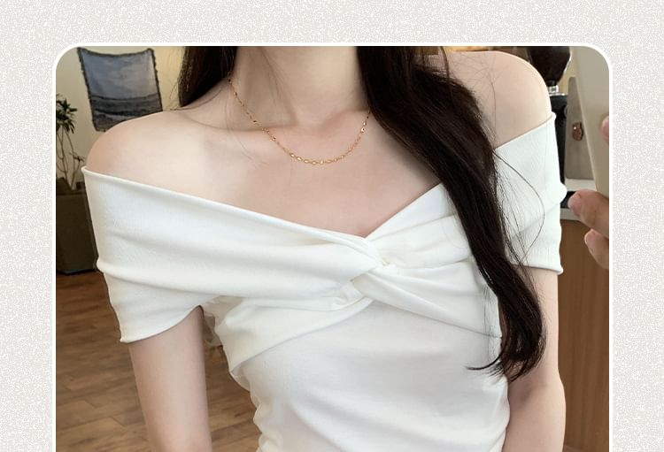 Top Plain Shoulder Off Short-Sleeve Twisted