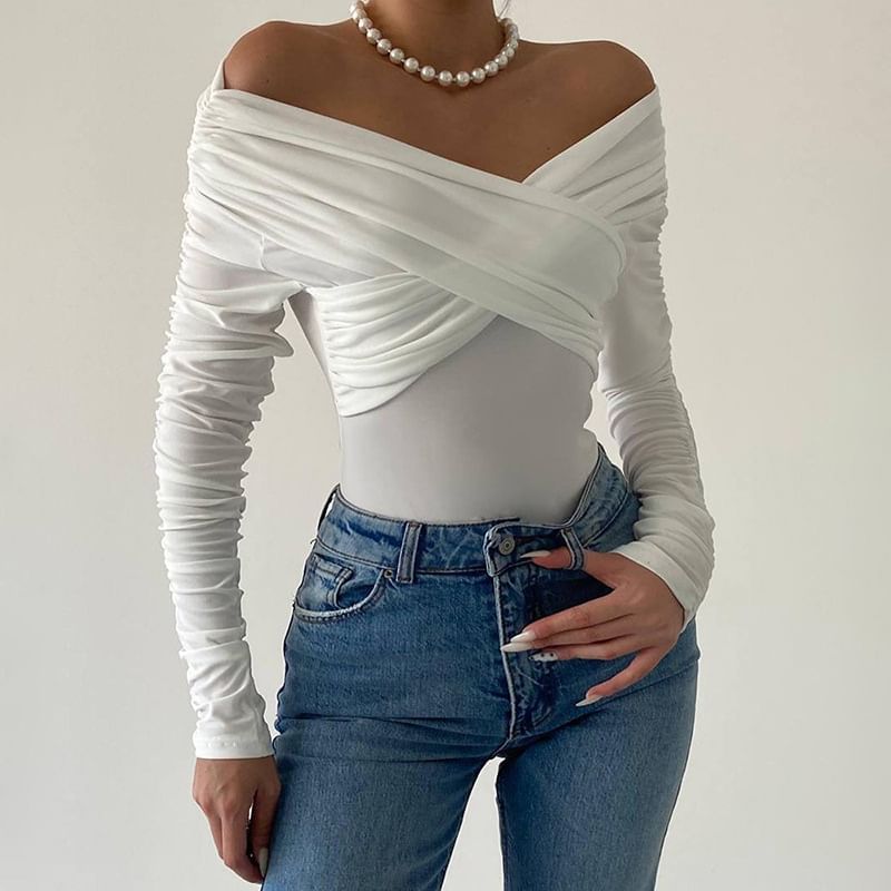 Plain Off-Shoulder Long-Sleeved Wrap Bodysuit Top