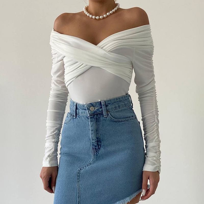 Plain Off-Shoulder Long-Sleeved Wrap Bodysuit Top