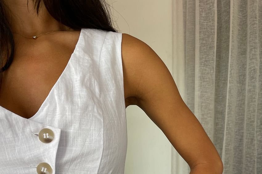 Set: Plain Button-Up V-Neck Sleeveless Top + Plain High-Waisted Wide-Leg Shorts
