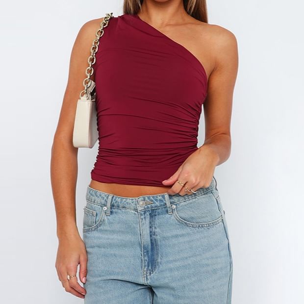 Plain Ruched One-Shoulder Sleeveless Top